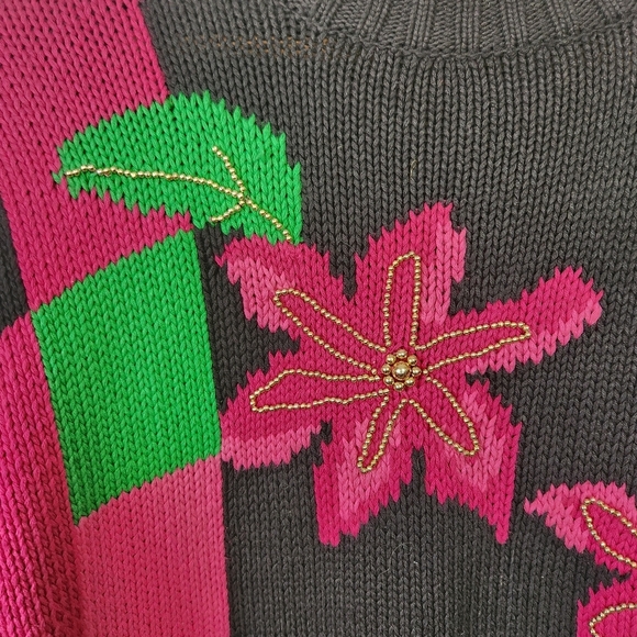 Vintage Oversized Pink Black Floral Knit Sweater High Neck Gold Beaded Size Med - Picture 5 of 10